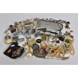 TWO BOXES OF ITEMS, to include a box of costume jewellery with contents such as imitation pearl