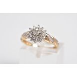 A 9CT GOLD DIAMOND CLUSTER RING, the tiered cluster set with single cut diamonds to the diamond