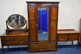 AN EDWARDIAN MAHOGANY AND STRUNG THREE PIECE BEDROOM SUITE, Harrods London label to wardrobe,