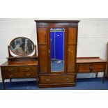 AN EDWARDIAN MAHOGANY AND STRUNG THREE PIECE BEDROOM SUITE, Harrods London label to wardrobe,