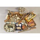 A BOX OF SILVERPLATE, TWO NORWEGIAN SILVER SPOONS etc, to include a leather cased sandwich box (