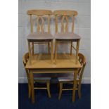 A MODERN BEECH KITCHEN TABLE AND FOUR CHAIRS, (5)
