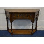 AN OLD CHARM OAK SIDE TABLE with canted corners and single drawer, width 107cm x depth 32cm x height