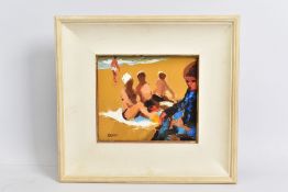 DONALD MCINTYRE (1923-2009) UNTITLED, a family group on a beach beside the sea, initialled lower