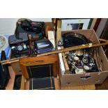 TWO BOXES AND LOOSE METALWARES, PRINTS AND MISCELLANEOUS ITEMS, to include cameras, Panasonic Cine