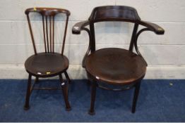 AN OAK BENTWOOD ARMCHAIR, together with another chair (2)