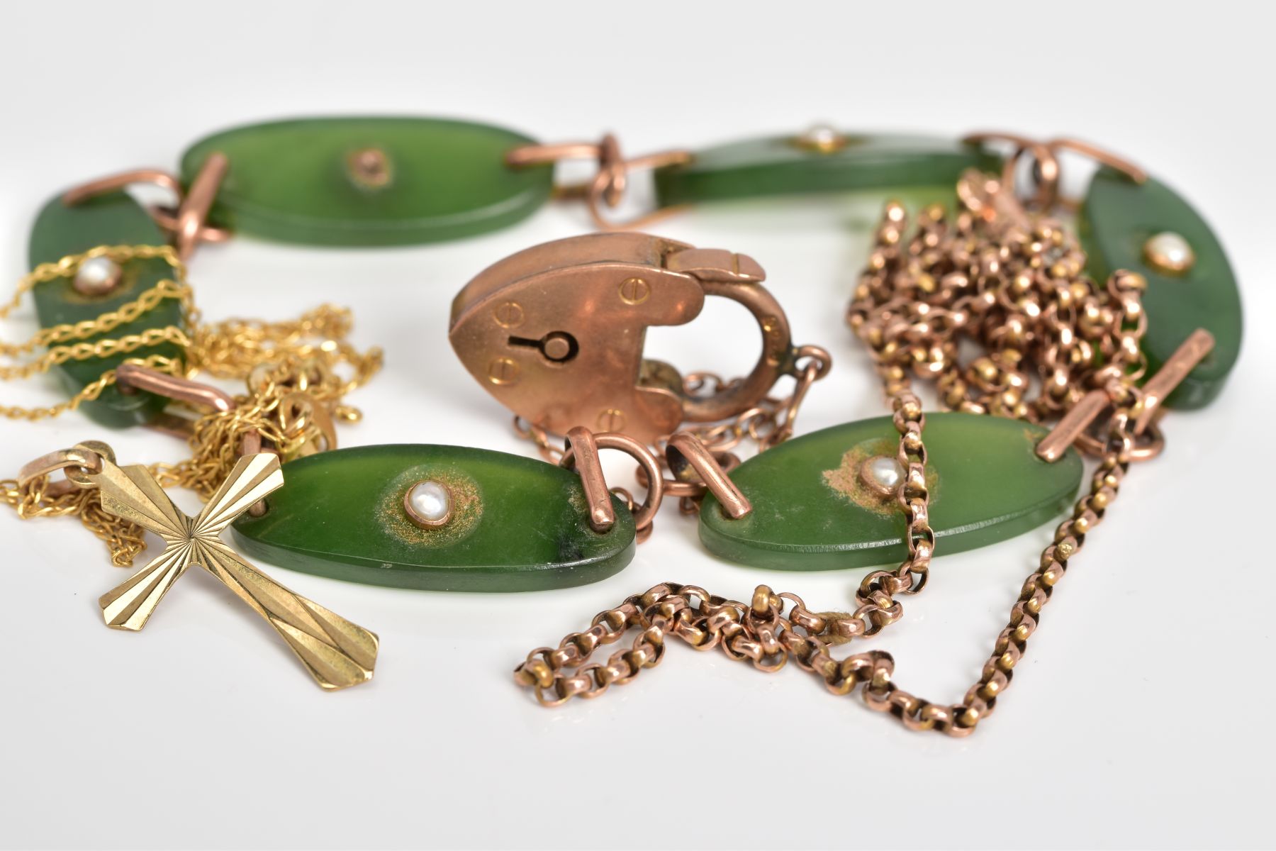 A SELECTION OF JEWELLERY, to include a rose gold bracelet with oval nephrite jade panels each set - Image 3 of 3