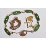 A SELECTION OF JEWELLERY, to include a rose gold bracelet with oval nephrite jade panels each set