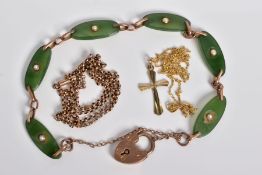 A SELECTION OF JEWELLERY, to include a rose gold bracelet with oval nephrite jade panels each set