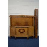 A 19TH CENTURY BURR WALNUT FRENCH EMPIRE 4' 6'' BED FRAME, with a foliate brass mount, cylindrical