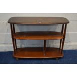 AN ERCOL MODEL 361 DARK BEECH AND ELM THREE TIER TROLLEY, each tier with rounded corners, joined