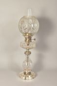 A LATE 19TH/EARLY 20TH CENTURY HINKS NO 2 LEVER OIL LAMP, with chimney, the clear glass spherical