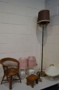 A WICKER DOLL ARMCHAIR, together with an oak milking stool, a pair of ceramic table lamps with