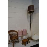 A WICKER DOLL ARMCHAIR, together with an oak milking stool, a pair of ceramic table lamps with