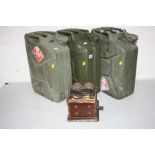 THREE 20 LITRE JERRY CANS, and a vintage telephone bell box (4)