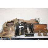 TWO TRAYS AND A SACK CONTAINING TOOLS, including automotive tools, oil cans, lathe cutters, die sets