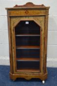 AN EDWARDIAN BURR WALNUT PIER CABINET with geometric stringing to top, the canted front corners