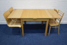 A MODERN BEECH DRAW LEAF TABLE, together with four various chairs (5)