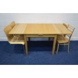 A MODERN BEECH DRAW LEAF TABLE, together with four various chairs (5)