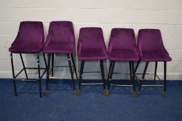 FIVE MODERN PURPLE UPHOLSTRERED BAR STOOLS, of two sizes, one stool on a different base (5)