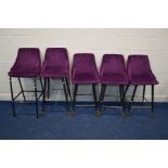 FIVE MODERN PURPLE UPHOLSTRERED BAR STOOLS, of two sizes, one stool on a different base (5)