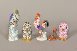 FIVE HEREND ANIMALS/FISH, comprising two Owls, Cockerel, Woodpecker and fish, tallest height 8cm (