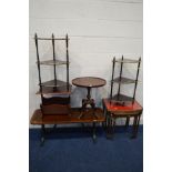 A MODERN MAHOGANY BOWFRONT NEST OF THREE TABLES, together with a mahogany coffee table, oval wine