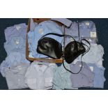 A BOX OF FULL OF MAINLY WOMENS BLUE MILITARY STYLE SHIRTS AND BLOUSES, short and long sleeves,