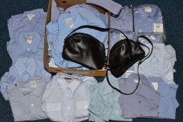 A BOX OF FULL OF MAINLY WOMENS BLUE MILITARY STYLE SHIRTS AND BLOUSES, short and long sleeves,