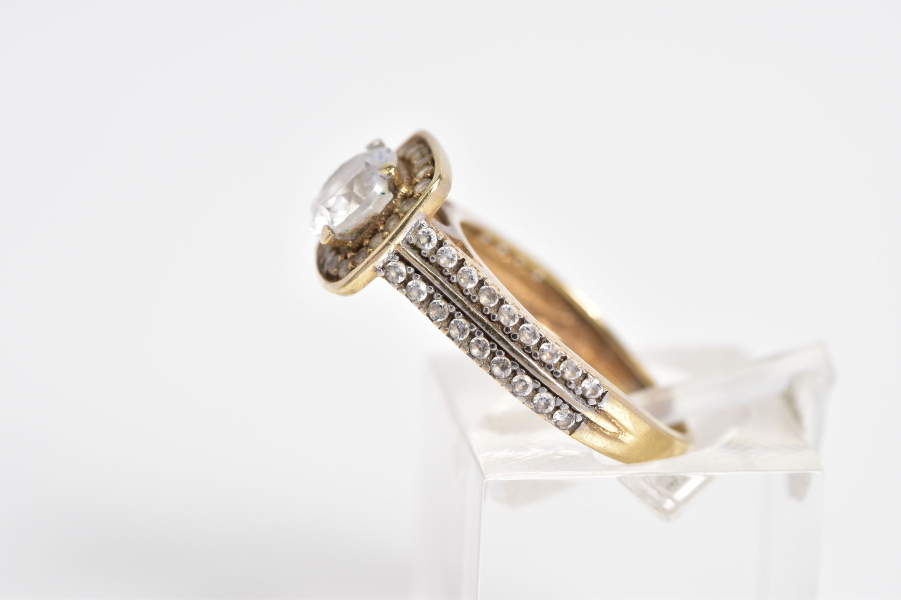 A 9CT GOLD CUBIC ZIRCONIA SET RING, designed with a raised central square panel set with a - Image 2 of 3