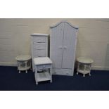 A WHITE PAINTED WICKER FOUR PIECE LOUNGE SUITE, comprising a double door wardrobe above a single
