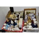 THREE BOXES AND LOOSE CERAMICS, mostly Royalty memorabilia, including books on the Royal family,