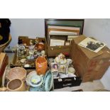 FIVE BOXES AND LOOSE CERAMICS, PICTURES,etc to include a boxed Sonector L S projector, Sylvac