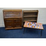 A NARROW GERMAN OAK FALL FRONT BUREAU, with a single drawer, together with an oak open bookcase