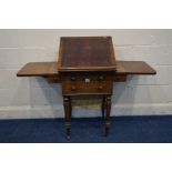 AN EARLY VICTORIAN ROSEWOOD DESK/WORK TABLE, comprising an adjustable writing slope with a tooled