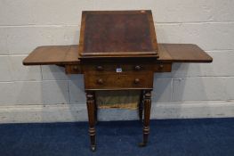 AN EARLY VICTORIAN ROSEWOOD DESK/WORK TABLE, comprising an adjustable writing slope with a tooled