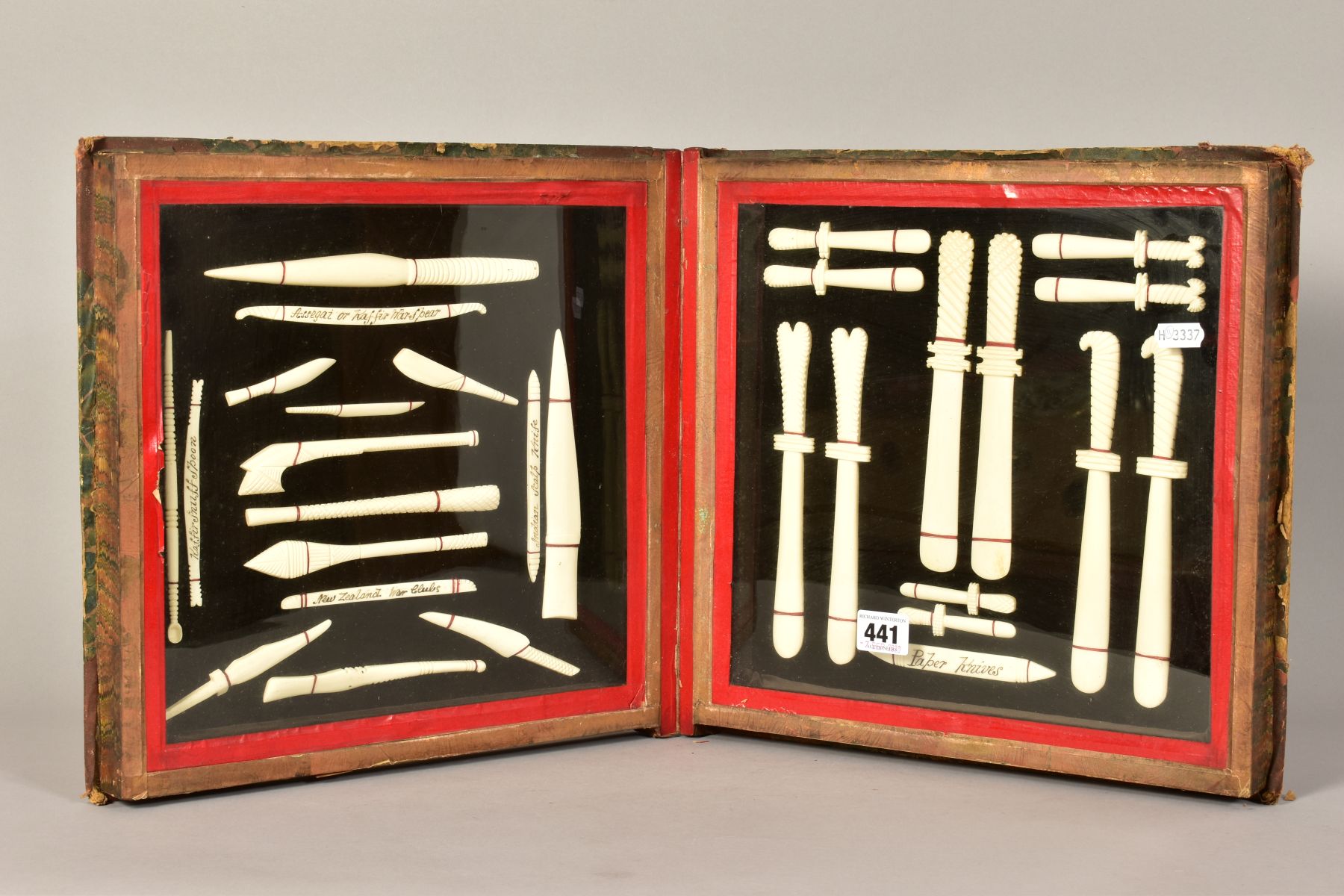 PRISONER OF WAR BONE CARVINGS, a collection of 19th Century carvings housed in a hinged book