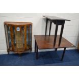 A 1930'S WALNUT DEMI LUNE SINGLE DOOR CHINA CABINET with a clock attached to the door and two