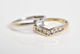 TWO 9CT GOLD CUBIC ZIRCONIA SET RINGS, the first a 9ct white gold ring set with a single circular