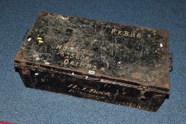 A LARGE TIN TRUNK, approximately 88cm x 29cm x 46cm, black in colour with the following painted on