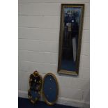 A MODERN RECTANGULAR GILT FRAMED BEVELLED EDGE WALL MIRROR, 40cm x 127cm, together with two other