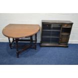 AN OAK BARLEY TWIST OVAL TOPPED GATE LEG TABLE, and an oak double sliding bookcase with a single