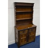 A NARROW REPRODUCTION OAK DRESSER, with two drawers, approximate width 92cm x depth 41cm x height