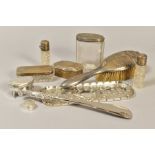 A GROUP OF SILVER DRESSING TABLE ITEMS, including an Elizabeth II Carrs of Sheffield Edwardian style