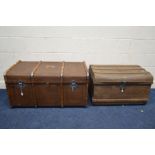 A VINTAGE WOODEN BANDED TRAVELLING TRUNK, missing handles, width 100cm x depth 58cm x height 52cm
