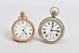 TWO OPEN FACE POCKET WATCHES, the first a gold plated Waltham pocket watch, white Roman numeral dial