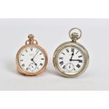 TWO OPEN FACE POCKET WATCHES, the first a gold plated Waltham pocket watch, white Roman numeral dial