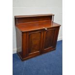 A VICTORIAN MAHOGANY PANELLED TWO DOOR CHIFFONIER, with a raised back on bobbin turned supports,