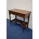 A GEORGIAN AND LATER MAHOGANY SIDE TABLE with three various drawers, on turned front legs united