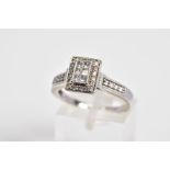 AN 18CT WHITE GOLD DIAMOND RING, designed with a central raised rectangular panel set with six